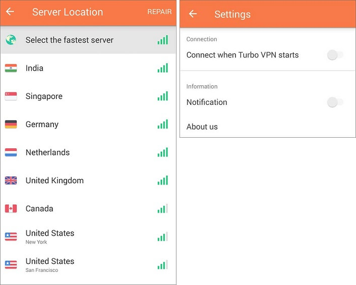 Turbo VPN Android screenshots